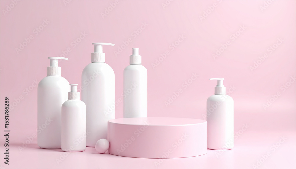 Cosmetic containers on display against a soft background. Cosmetic containers on display against a soft background.