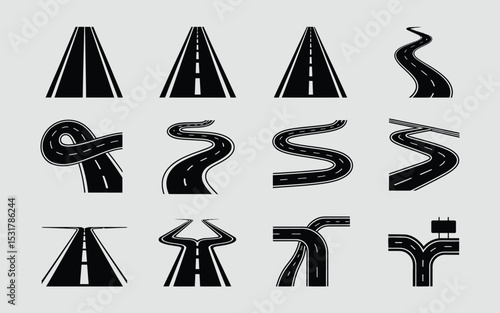 Collection of simple black and white road illustrations featuring straight winding and intersecting pathways