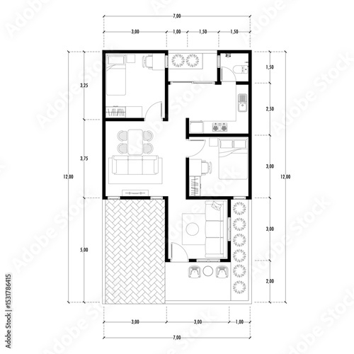 Black and White floor plan of a modern unfurnished house for your design. Suburban house vector blueprint. Architectural background.
