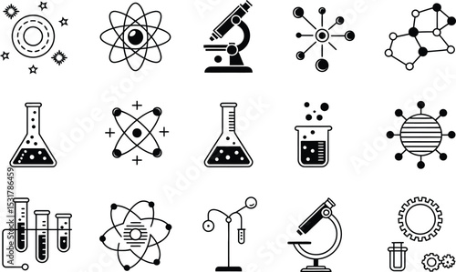 Black and white scientific icons representing various laboratory equipment and atom structures for science concepts