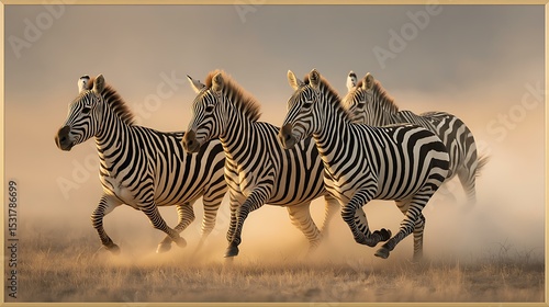 Zebra Herd in Motion: Wildlife Migration Across Grassy Plains of the African Savanna