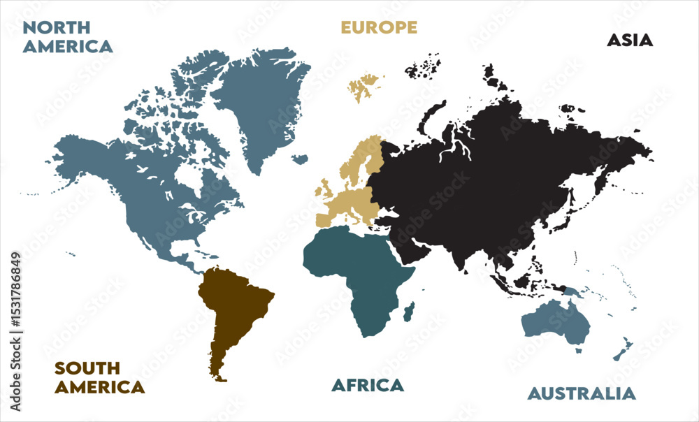 Naklejka premium New modern world map, with names, Europe, Africa, Asia, Australia, North America and South America world map graphic, Countries Silhouettes Stock Illustrations, Vectors