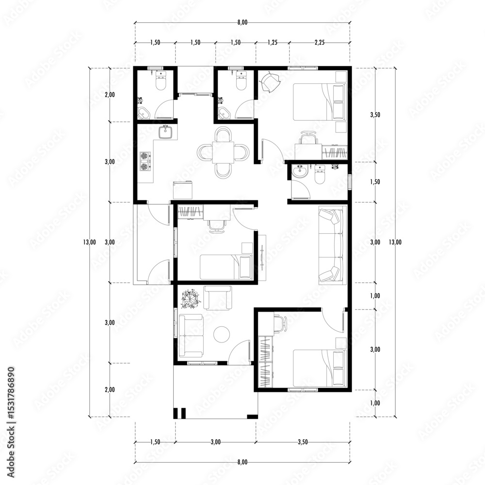 Black and White floor plan of a modern unfurnished house for your design. Suburban house vector blueprint. Architectural background. Black and White floor plan of a modern unfurnished house for your design. Suburban house vector blueprint. Architectural background.