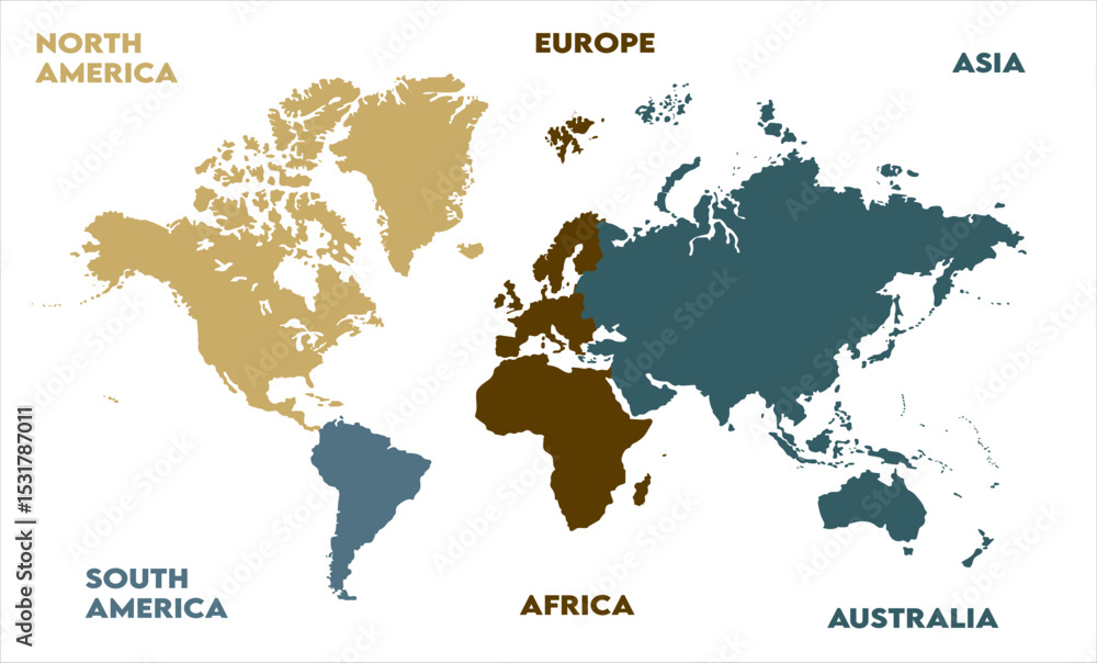 Naklejka premium New modern world map, with names, Europe, Africa, Asia, Australia, North America and South America world map graphic, Countries Silhouettes Stock Illustrations, Vectors