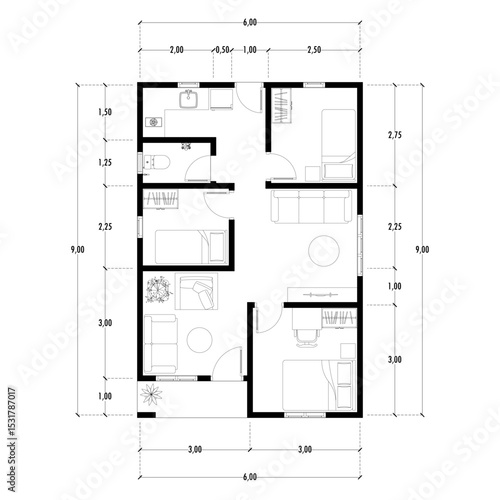 Black and White floor plan of a modern unfurnished house for your design. Suburban house vector blueprint. Architectural background.