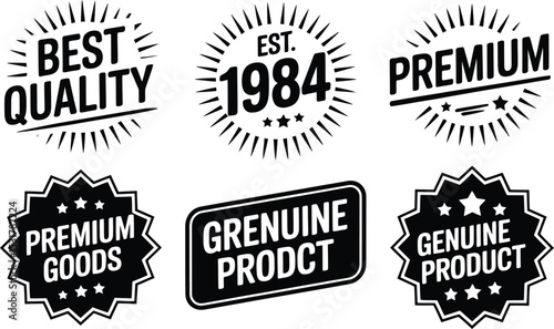 Collection of black and white vintage labels with messages conveying quality and premium for different types of products.