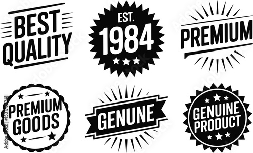 Collection of premium quality badges and stamps in black and white design suitable for branding and advertising