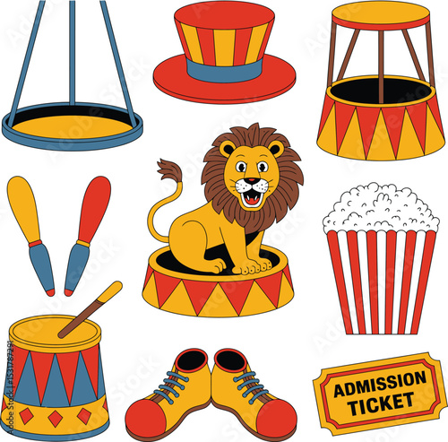 Colorful vector illustration of circus elements including lion, popcorn, admission ticket, and more