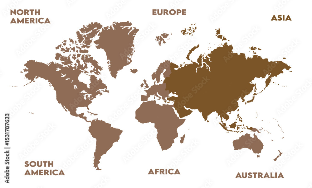 Obraz premium New modern world map, with names, Europe, Africa, Asia, Australia, North America and South America world map graphic, Countries Silhouettes Stock Illustrations, Vectors