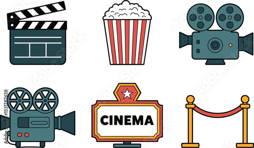 Vector illustration of iconic cinema elements including movie cameras popcorn and a sign showing cinema