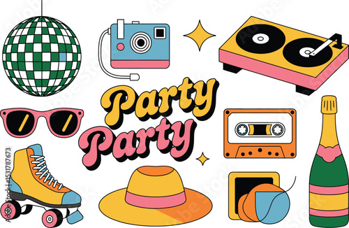 Retro party elements illustration with disco ball sunglasses camera cassette recorder and other party related graphics
