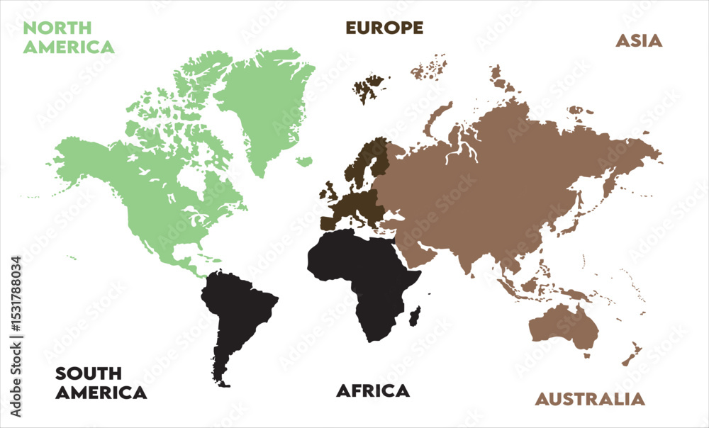 Naklejka premium New modern world map, with names, Europe, Africa, Asia, Australia, North America and South America world map graphic, Countries Silhouettes Stock Illustrations, Vectors