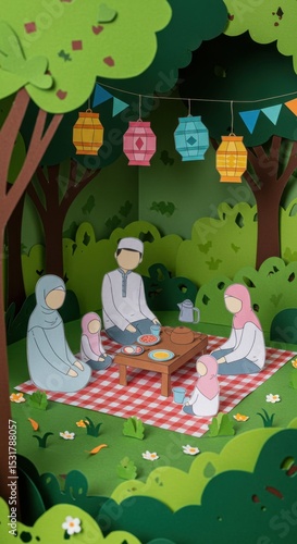 Muslim Family Eid Picnic: Paper Cutout Art of a Joyful Gathering in a Lush Green Forest Setting