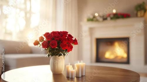 Cozy living room with red rose flower bouquet in white vase and lit candle on wooden table near warm fireplace creating romantic atmosphere and home decoration warmth