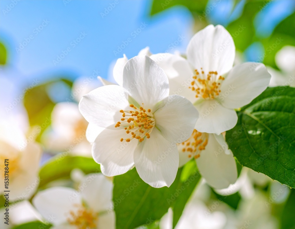 Fototapeta premium Sunlit White Jasmine Flowers Blooming in the Garden