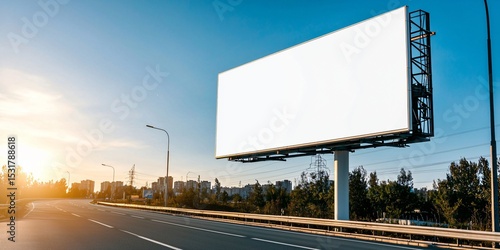 high-detail billboard on quiet countryside road, white mockup space sharply defined, wire poles nearby, slight lens flare from side sunlight, serene and minimal layout