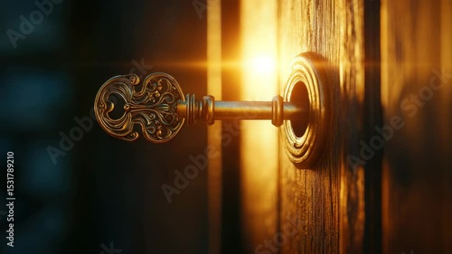 Vintage ornate metal key inserted into old wooden door lock with warm sunlight glow, creating inviting atmosphere full of mystery and opportunity.