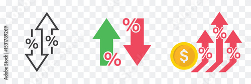 Percent arrow icon.Growth, increase,decrease arrow filled icons.statistics icons. red & green line icon.Design concept for banking,credit, interest rate, dollar rate, finance and money sphere. Vector