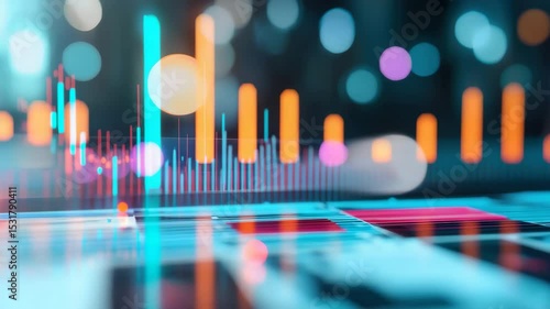 Digital financial chart with colorful glowing bar and bokeh lights showing data analysis and futuristic technology in vibrant dynamic style for finance and technology insights
