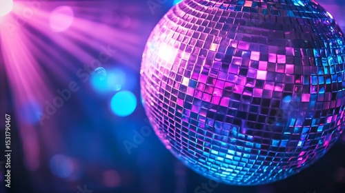Close up of a shiny disco ball with a retro purple and blue glow illuminating the party atmosphere in a 70s themed dance club