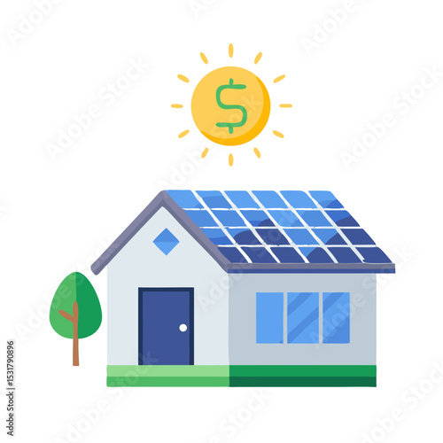 Clean vector of a smart home with solar panels and a dollar sign, symbolizing affordable energy, sustainability, and cost-efficient green living solutions.

