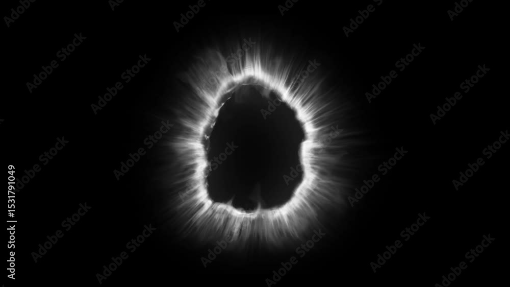 Glowing, unstable portal of white light energy forms and pulses on black background. Versatile visual effect for sci-fi, fantasy, abstract cinematic projects
