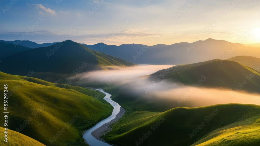Green hill river fog sunrise landscape with soft light and misty atmosphere creating peaceful and calm natural scene and morning mist flows over green hills with winding river soft sunrise creating