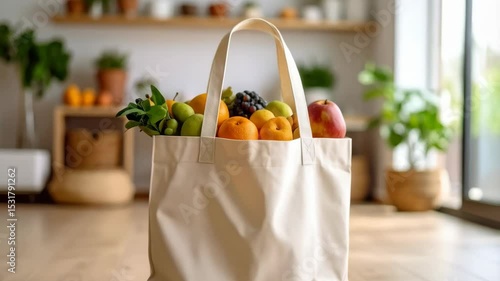 Reusable canvas shopping bag filled with colorful fruits sits on a wooden floor in a bright, modern kitchen