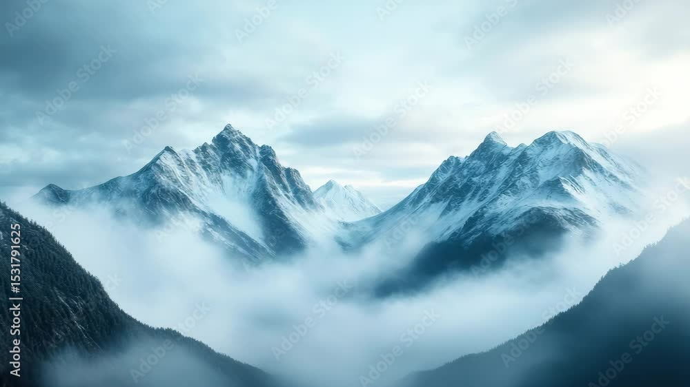 Snowy mountain peak with foggy valley and cloudy sky creating serene cold atmosphere in natural winter landscape showcasing natures cold and calm beauty Snowy mountain peak with foggy valley and cloudy sky creating serene cold atmosphere in natural winter landscape showcasing natures cold and calm beauty
