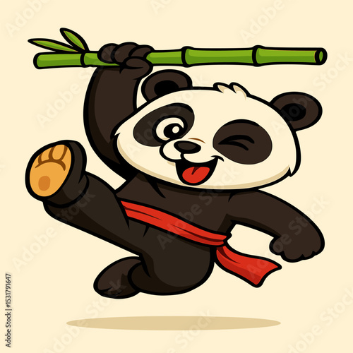A funky cartoon panda hanging from a bamboo stick while doing a kung fu kick, with one eye closed and a playful smirk. The bold colors and simple background enhance the hilarious, dynamic style.