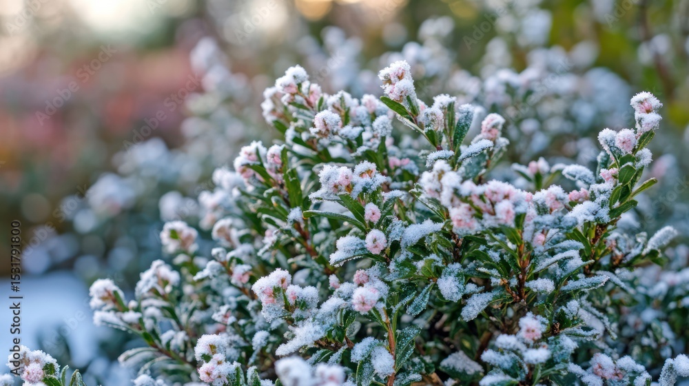 Frosty Winter Blooms: A Close-Up of a Snow-Covered Shrub Frosty Winter Blooms: A Close-Up of a Snow-Covered Shrub