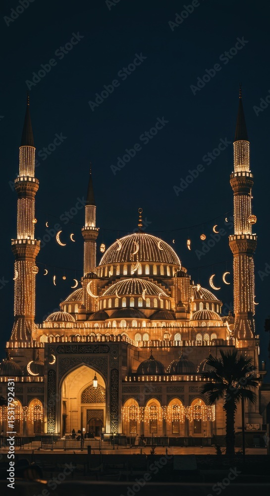 Obraz premium Magnificent Illuminated Mosque at Night: Ramadan Festivities and Islamic Architecture
