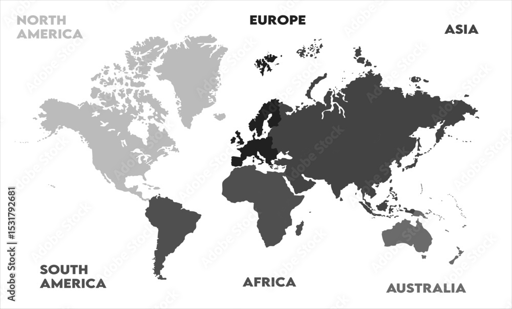 Naklejka premium New modern world map, with names, Europe, Africa, Asia, Australia, North America and South America world map graphic, Countries Silhouettes Stock Illustrations, Vectors