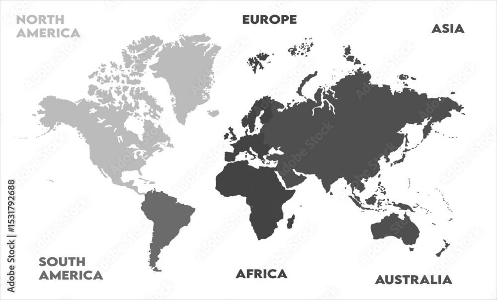 Naklejka premium New modern world map, with names, Europe, Africa, Asia, Australia, North America and South America world map graphic, Countries Silhouettes Stock Illustrations, Vectors