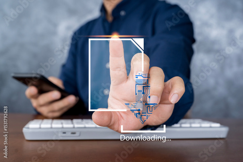 Businessman touching digital download icon with circuit arrow, concept of technology, data transfer, and interface