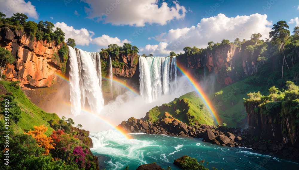 Fototapeta premium Majestic Waterfall Landscape with Double Rainbow Arching Over Lush Green Cliffs