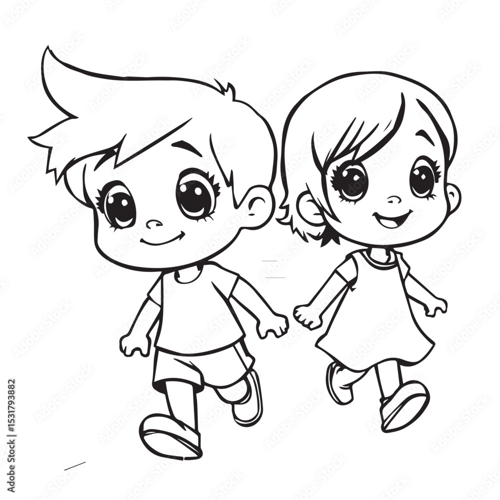 Cute cartoon boy and girl walking hand in hand Cute cartoon boy and girl walking hand in hand
