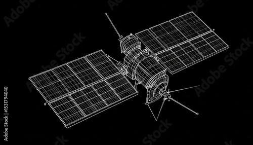 Detailed Wireframe Illustration of a Satellite Orbiting in Space Featuring Solar Panels and Antennas