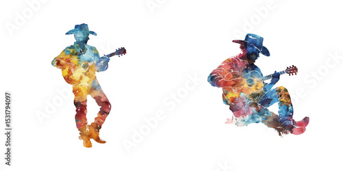 abstract color silhouette of cowboy playing ukulele watercolor vector illustration
