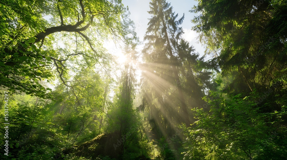 Obraz premium Sunlight through vibrant green forest canopy