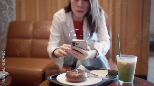 A woman uses her smartphone to scan a donut in a cafe, activating a futuristic Augmented Reality (AR) interface.