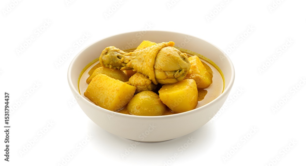 Bowl of Thai-style yellow curry with chicken and potatoes isolated on white background for culinary and food photography concepts Bowl of Thai-style yellow curry with chicken and potatoes isolated on white background for culinary and food photography concepts