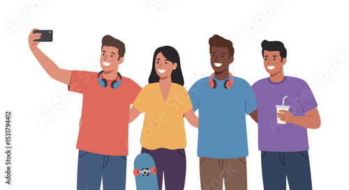Diverse Friends Taking a Selfie Together, Flat Vector Illustration