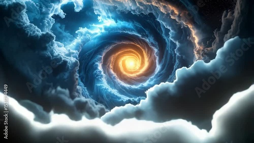 Abstract swirling vortex of blue and white clouds with a radiant orange light emanating from the central core, creating depth and mystery.