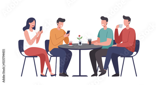 Friends Socializing at Cafe - Vector Illustration