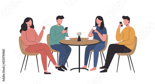 Social Gathering: Friends at Cafe with Smartphones