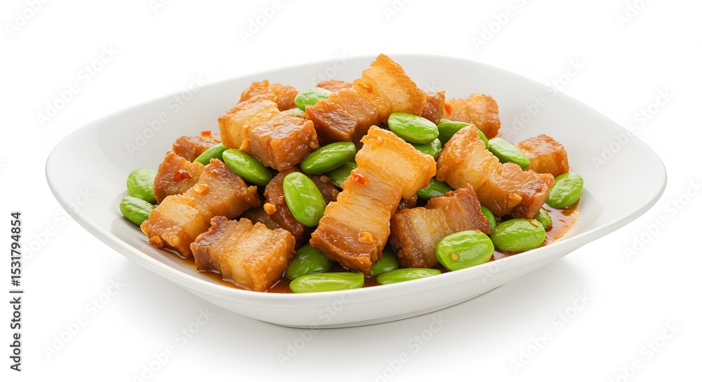plate of spicy stir-fried crispy pork with yardlong beans isolated on a plain background for culinary and food-related concepts plate of spicy stir-fried crispy pork with yardlong beans isolated on a plain background for culinary and food-related concepts