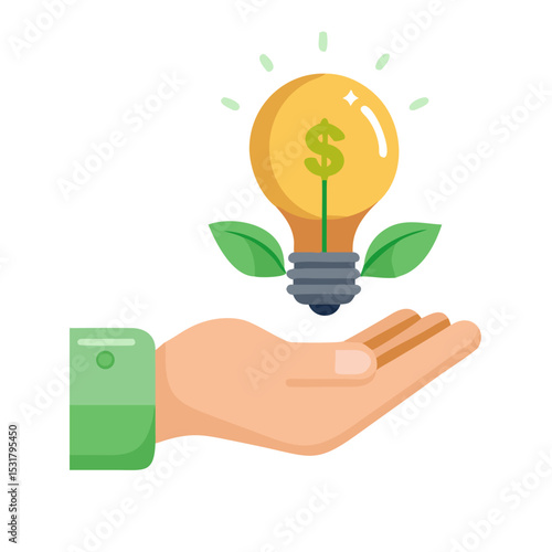 Flat vector of a hand holding a green energy bulb with eco-credits floating above, symbolizing sustainability rewards, green finance, and renewable energy incentives.

