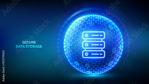 Secure Data Storage. Computer server and database storage security. Data center protection. Server hosting. Abstract 3D sphere shield with surface of hexagons with server icon. Vector illustration.
