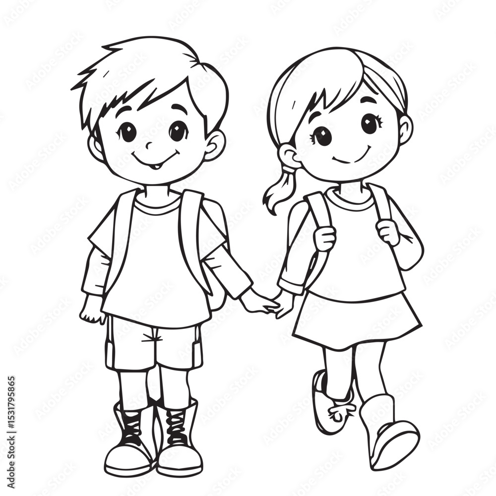 Happy children walking to school holding hands line art Happy children walking to school holding hands line art